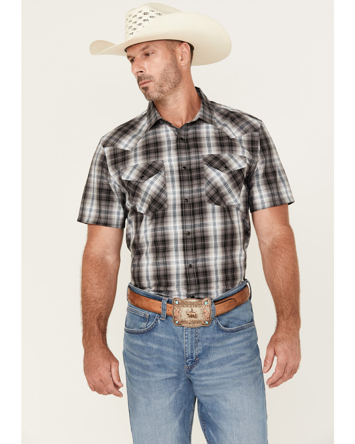 Image #1 - Pendleton Men's Boot Barn Exclusive Frontier Plaid Print Short Sleeve Snap Western Shirt, Grey, hi-res
