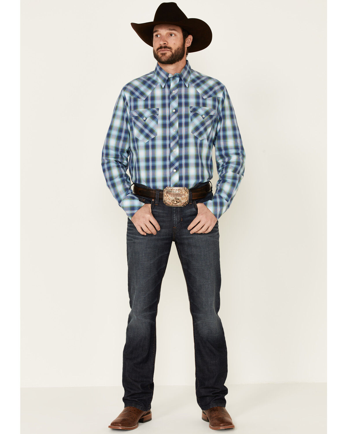 Image #2 - West Made Men's Dobby Plaid Long Sleeve Pearl Snap Western Shirt, , hi-res