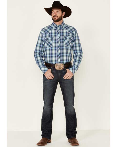 Image #2 - West Made Men's Dobby Plaid Long Sleeve Pearl Snap Western Shirt , Blue, hi-res