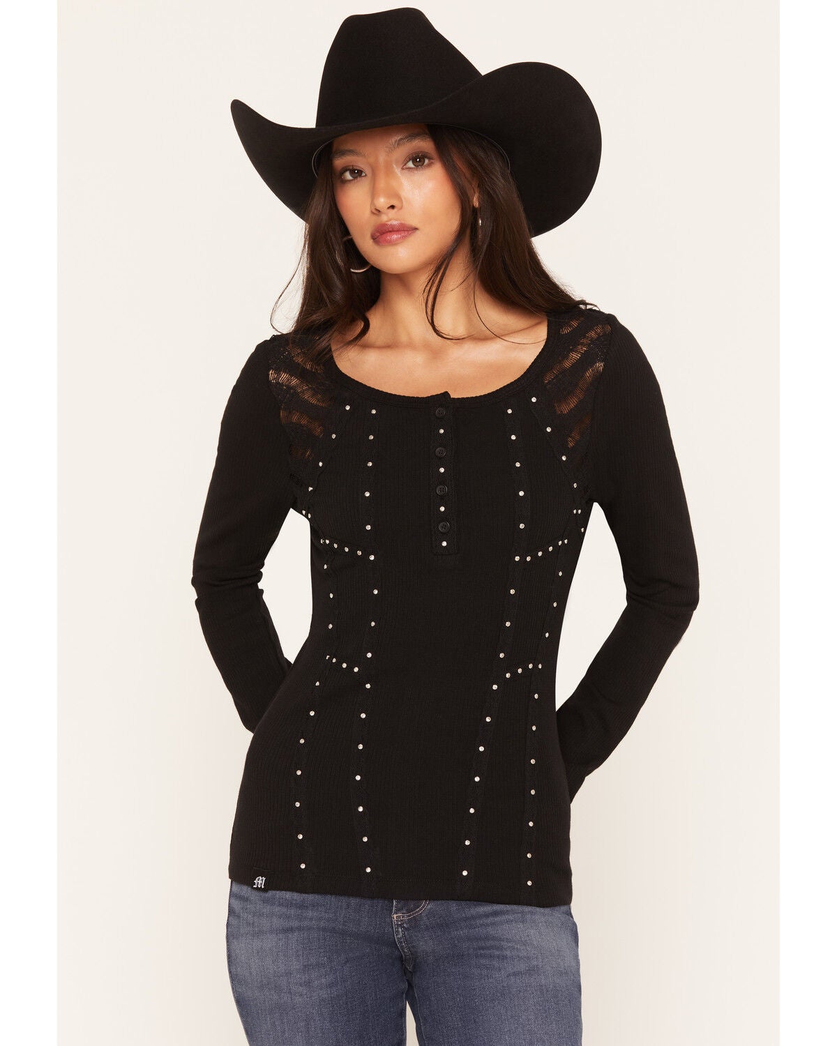 Miss Me Women's Lace Long Sleeve Top, Black, hi-res