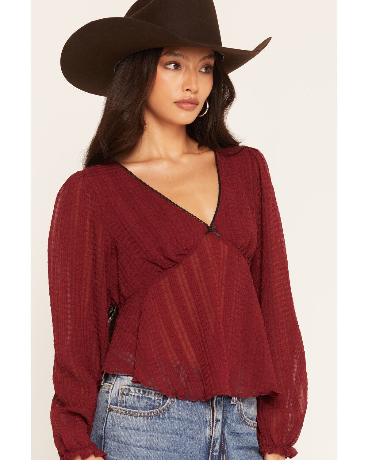 Image #2 - Wonderwest Women's Long Sleeve Bow Trim Top, Dark Red, hi-res