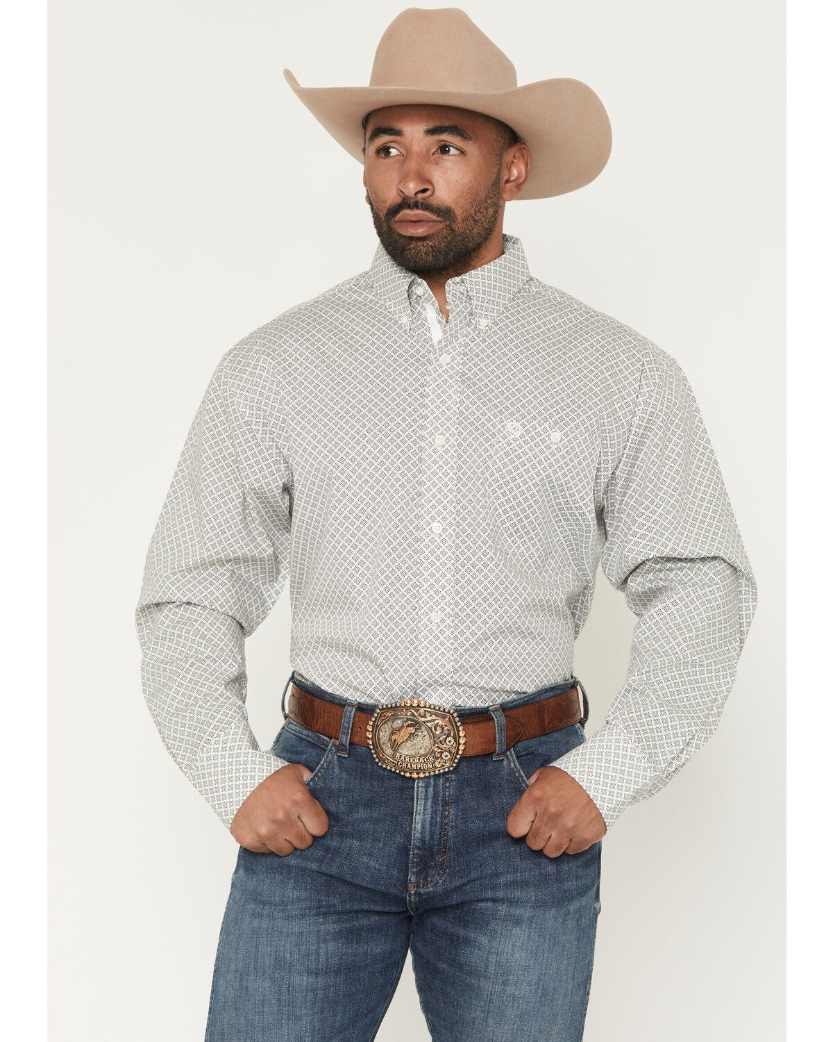 Image #1 - George Strait by Wrangler Men's Geo Print Long Sleeve Button-Down Stretch Western Shirt, Cream, hi-res