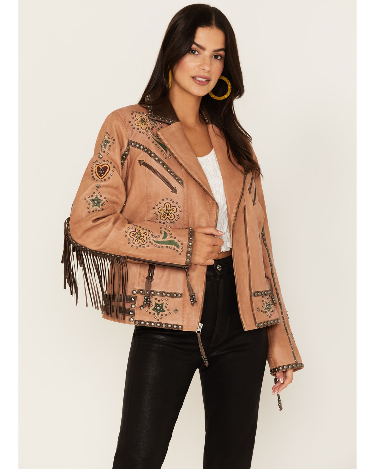 Double D Ranch Women s Floral Embroidered Studded Fringe Roughstock Leather Jacket