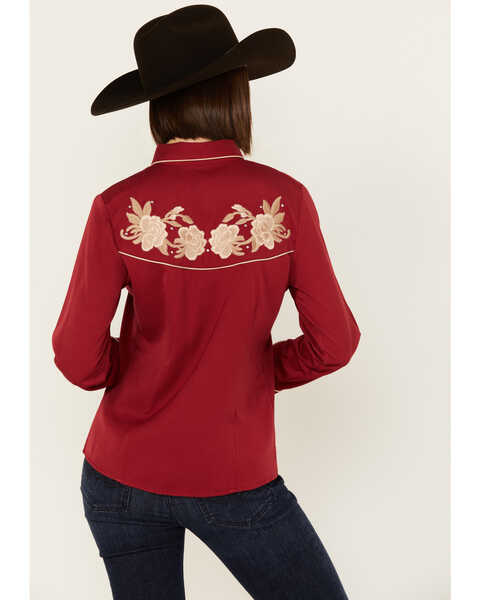 Image #4 - Scully Women's Floral Embroidered Long Sleeve Snap Western Shirt, Red, hi-res