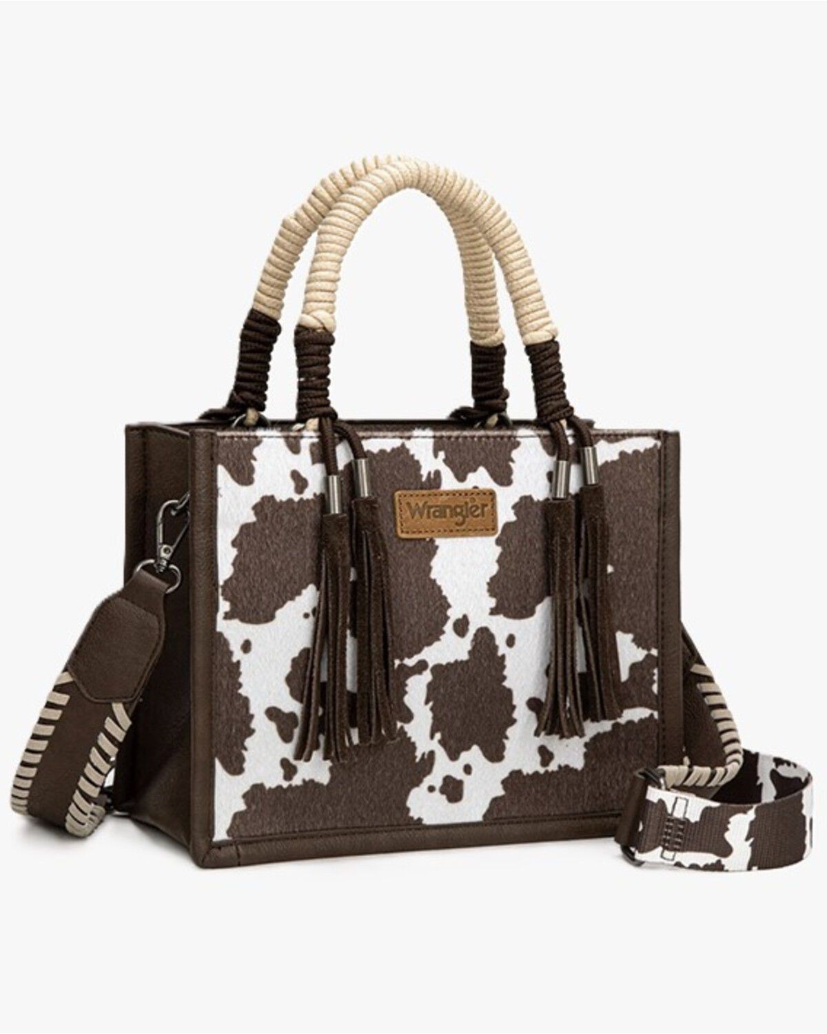 Wrangler Women's Cow Print Crossbody Tote Bag, Coffee, hi-res