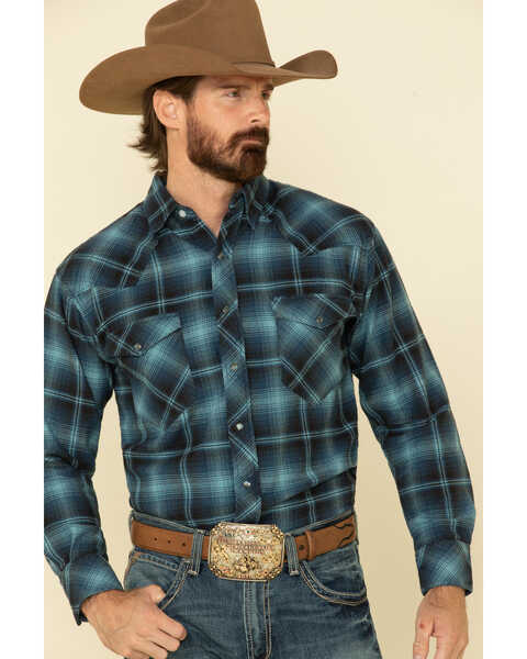 Image #1 - Resistol Men's Ombre Large Plaid Print Long Sleeve Western Snap Shirt , Blue, hi-res