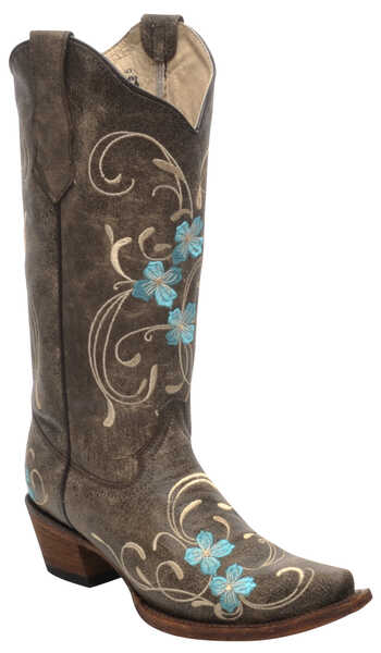 Circle G Women's Brown Cowhide Floral Cowgirl Boots - Snip Toe , Brown, hi-res