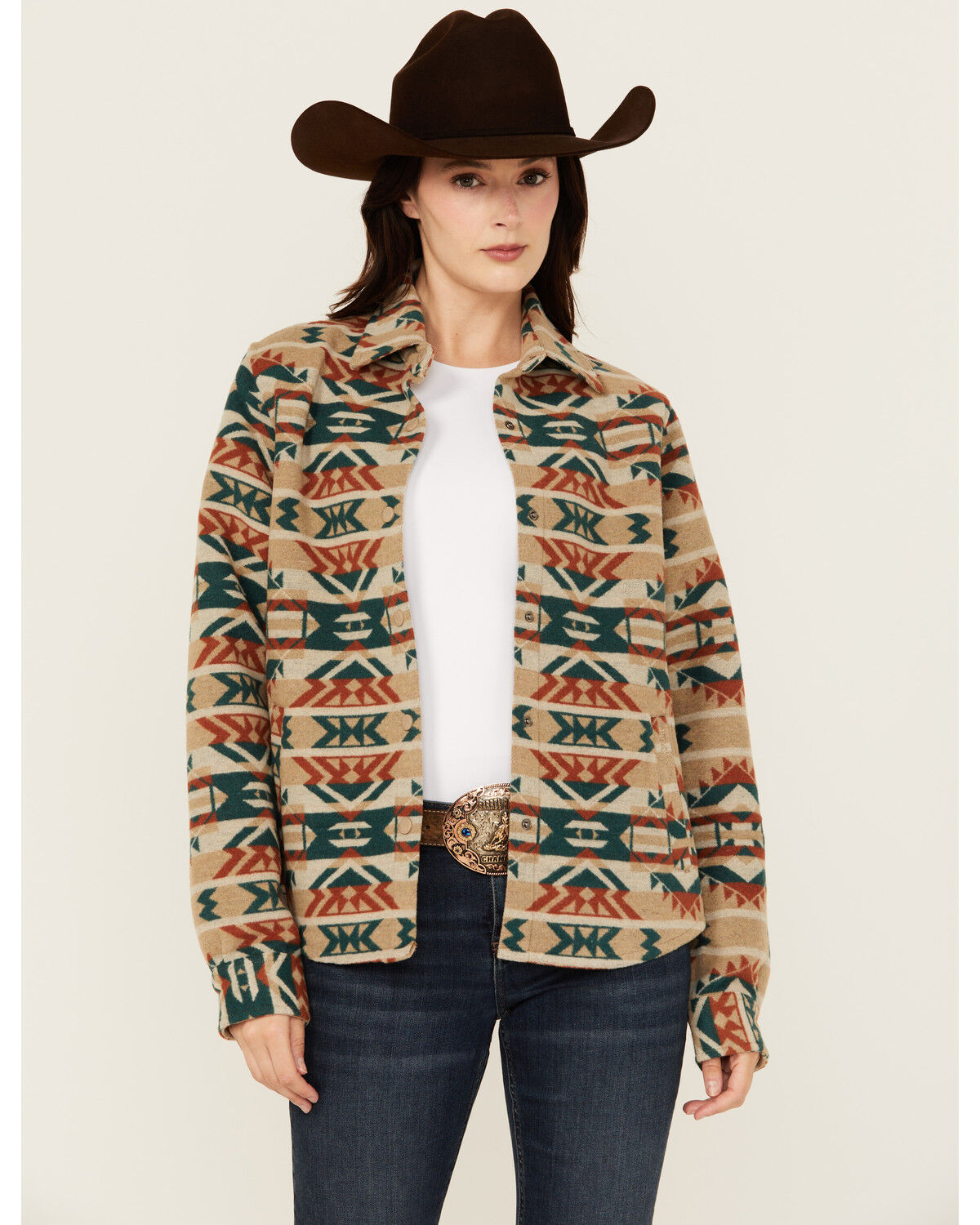 Image #1 - Outback Trading Co Women's Daphne Southwestern Snap Shacket, Cream, hi-res