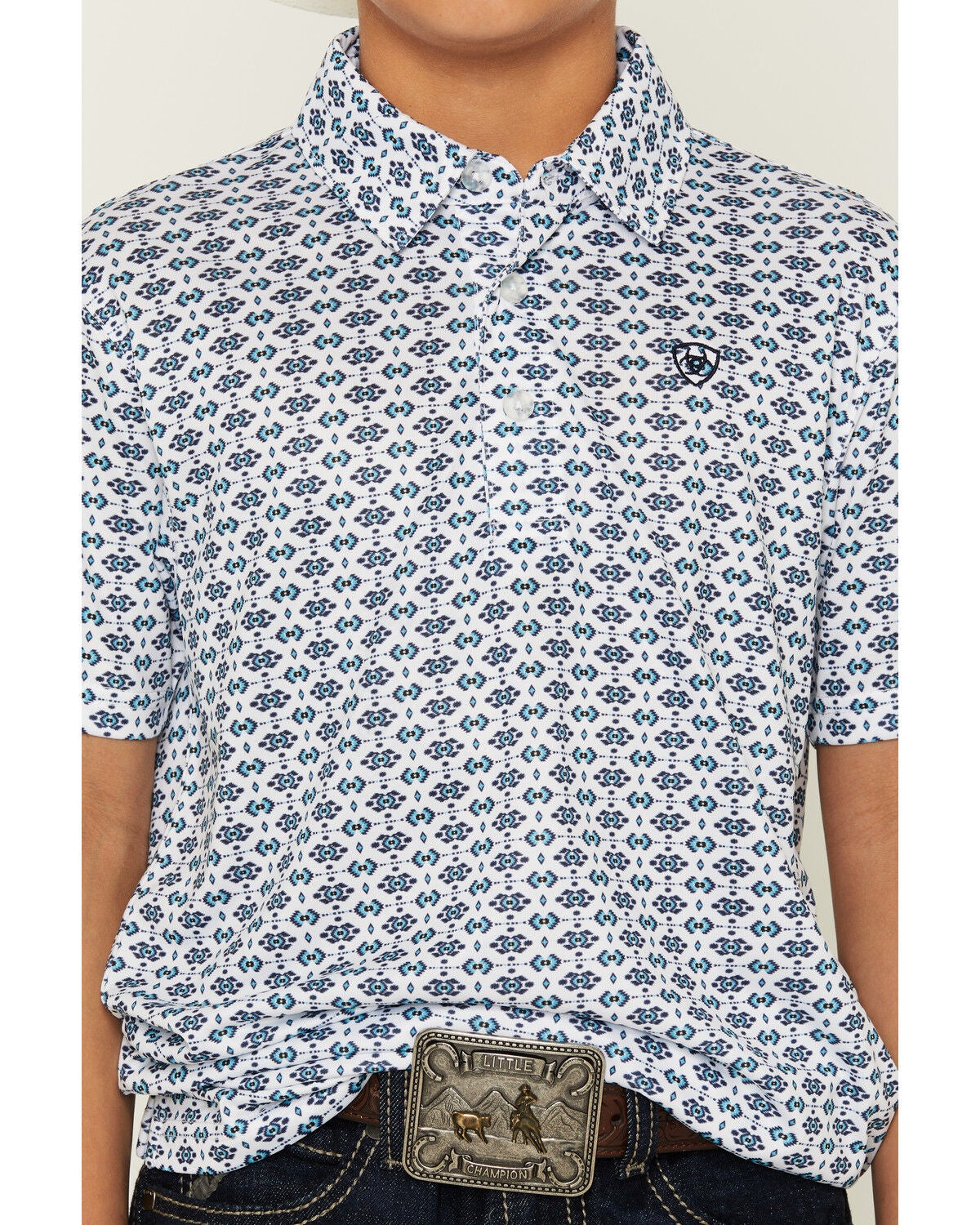 Image #3 - Ariat Boys' AriatTEK Geo Print Short Sleeve Button-Down Polo, White, hi-res