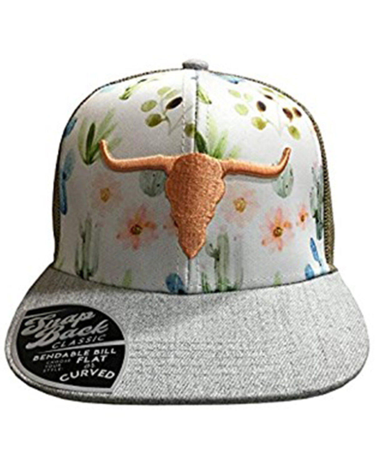 Image #1 - John Deere Women's Farm Girl Floral Print Steerhorn Mesh-Back Ball Cap, White, hi-res