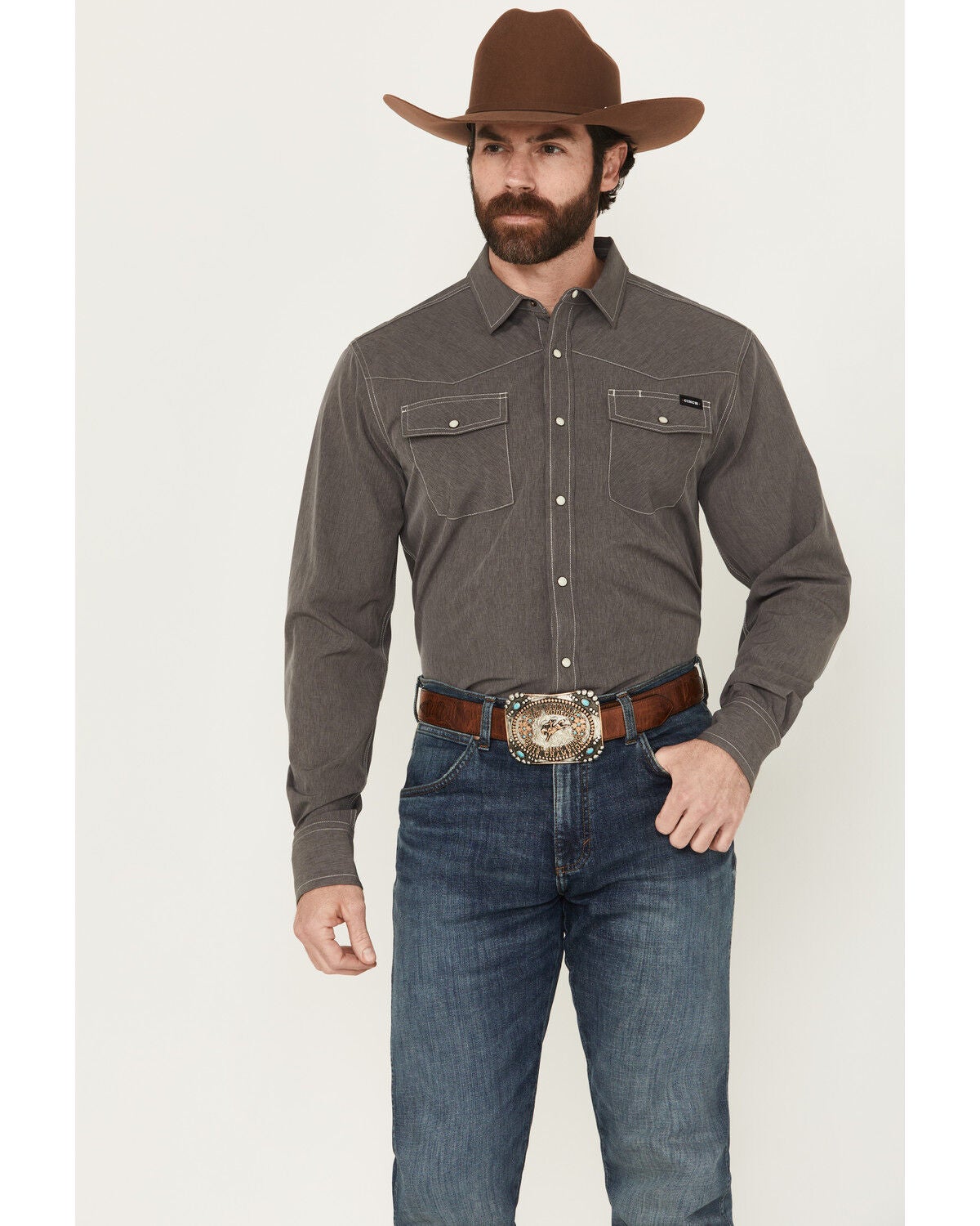 Cinch Men's Solid Arenaflex Long Sleeve Snap Performance Western Shirt, Charcoal, hi-res