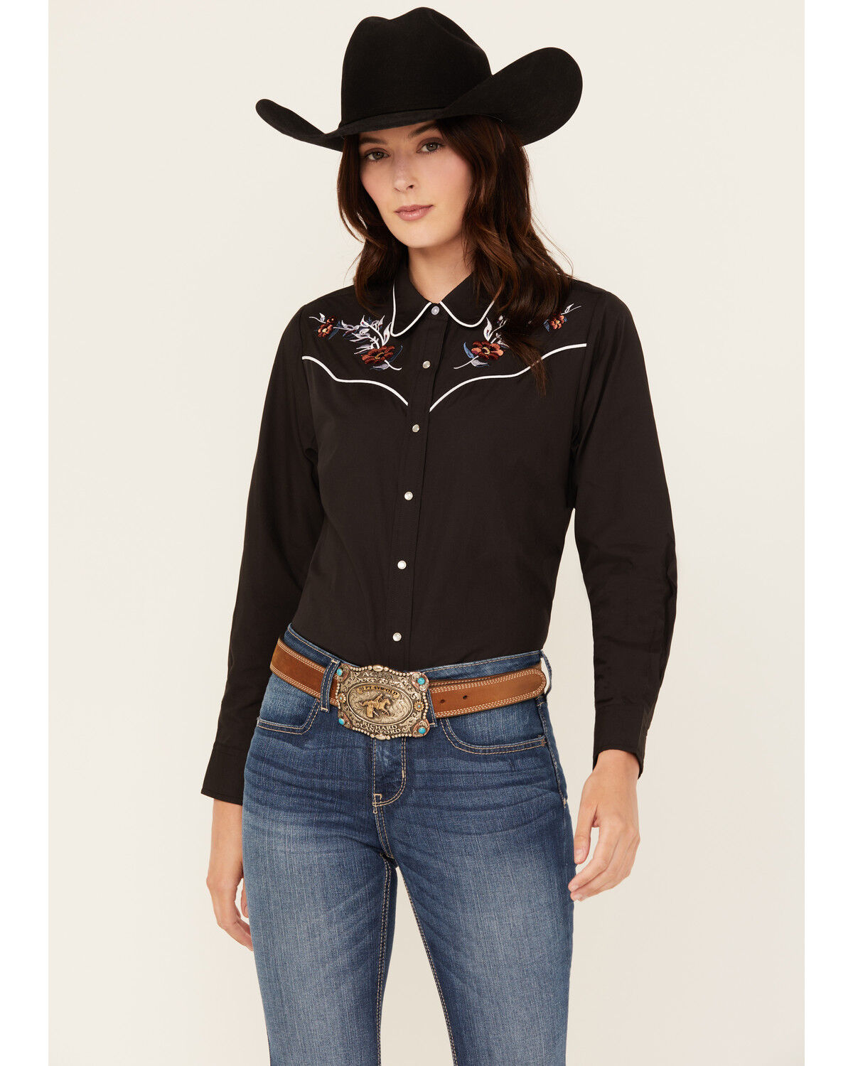 Image #1 - Ely Walker Women's Floral Embroidered Long Sleeve Snap Western Shirt, Black, hi-res