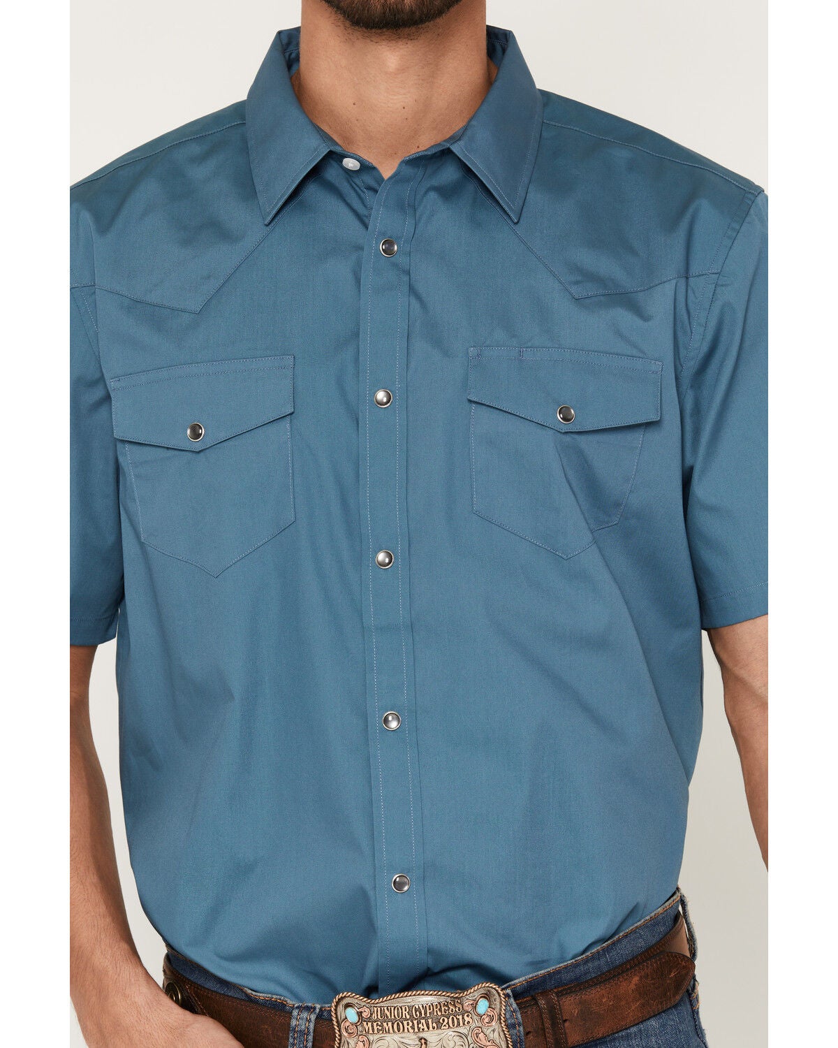 Image #3 - Gibson Trading Co Men's Basic Solid Short Sleeve Snap Western Shirt, Dark Teal, hi-res