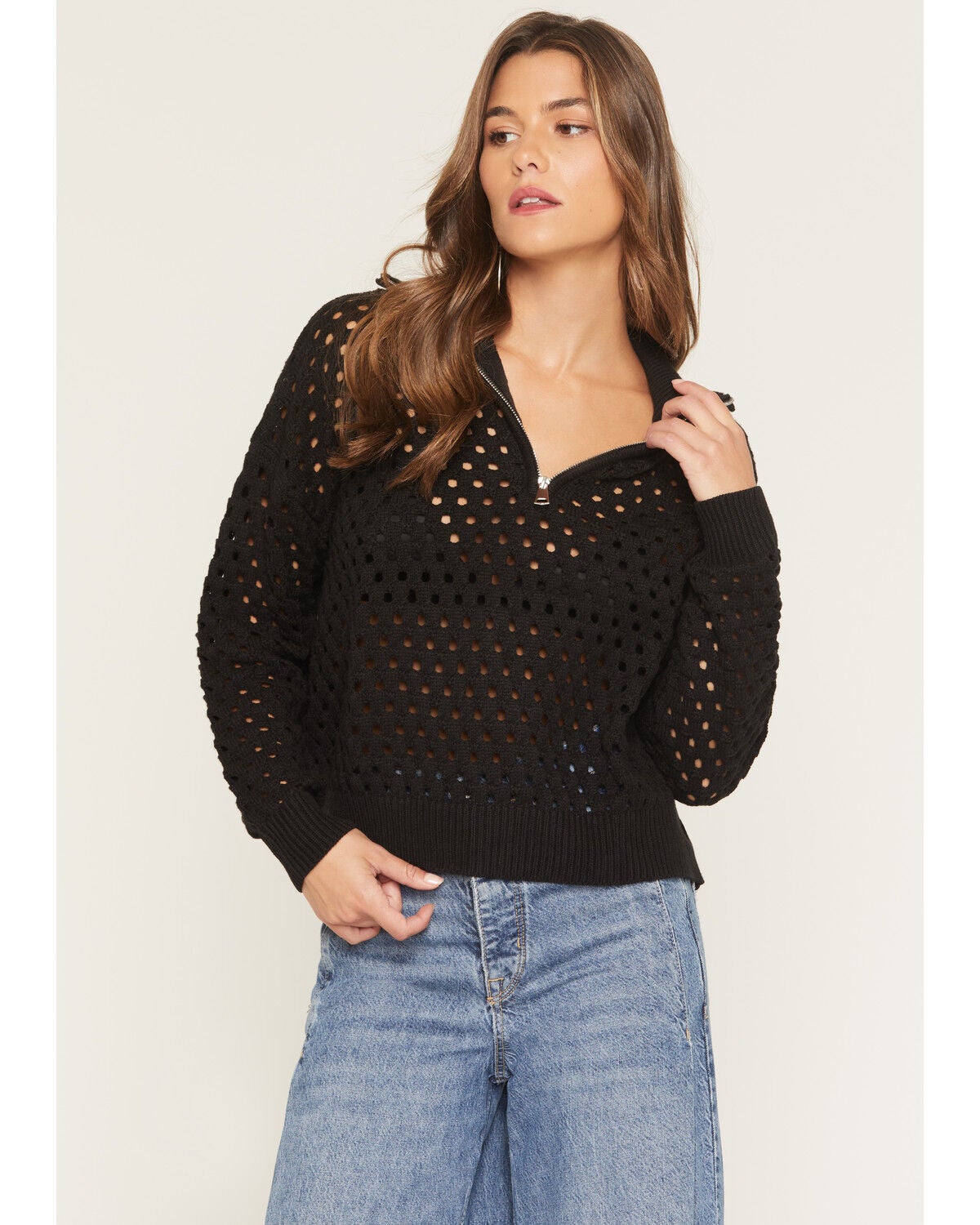 Image #1 - Elan Women's Crochet Half Zip Long Sleeve Sweater, Black, hi-res