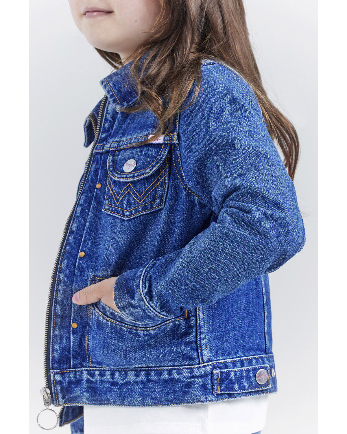 Image #5 - Wrangler® X Barbie™ Girls' Medium Wash Zip-Up Logo Denim Jacket, , hi-res