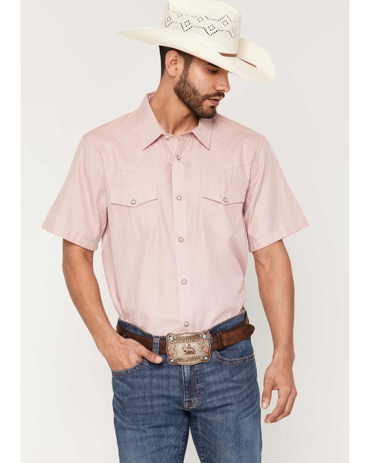 Image #1 - Gibson Trading Co Men's Basic Satin Striped Short Sleeve Snap Western Shirt, Blush, hi-res