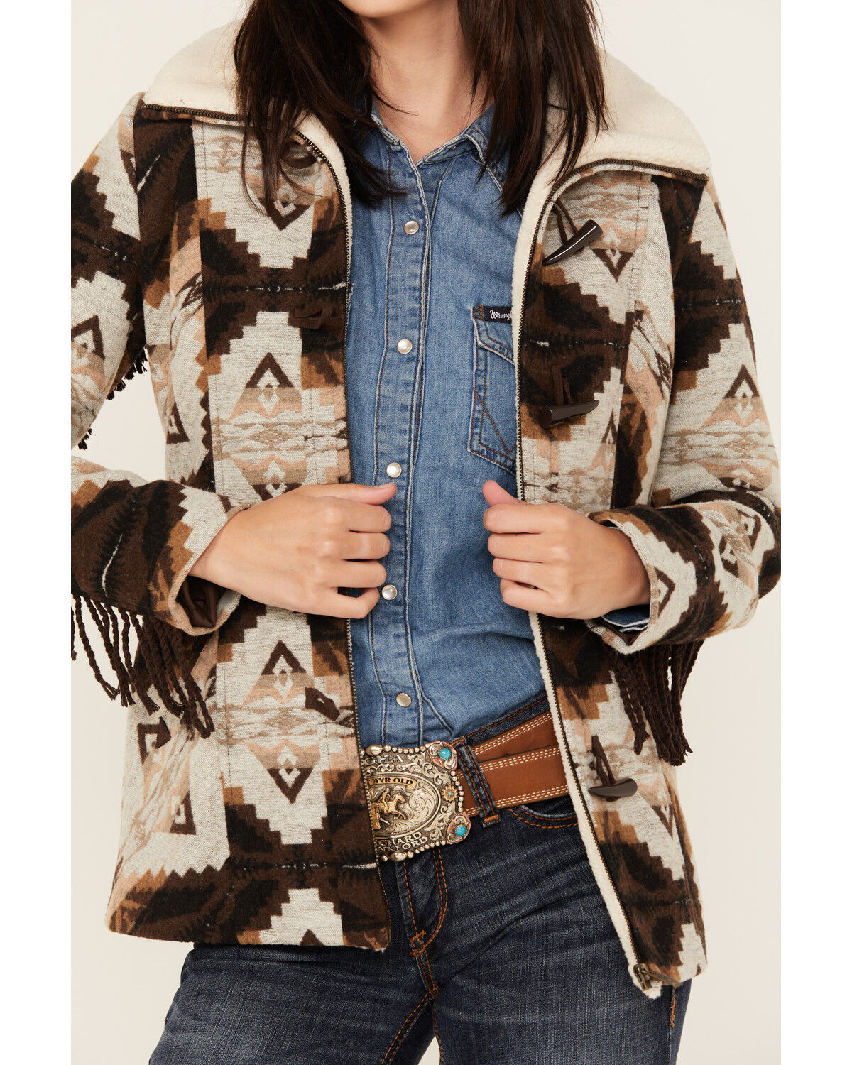 Image #2 - Powder River Outfitters Women's Southwestern Jacquard Fringe Coat, Brown, hi-res