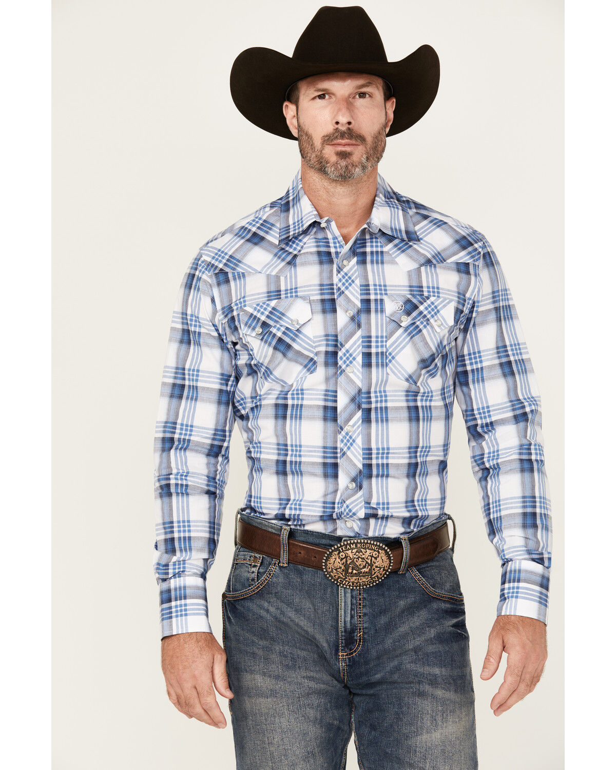 Image #1 - Wrangler Retro Men's Plaid Print Long Sleeve Snap Western Shirt, Blue, hi-res