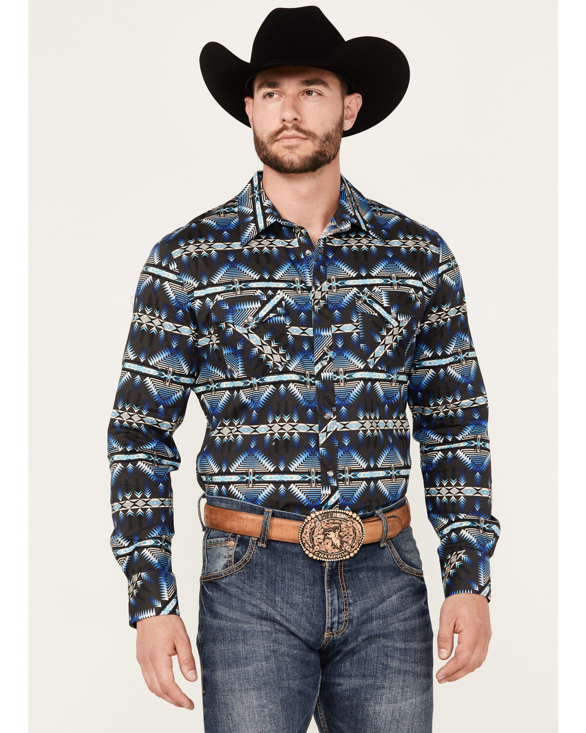 Image #1 - Rock & Roll Denim Men's Southwestern Print Stretch Long Sleeve Pearl Snap Western Shirt, Blue, hi-res