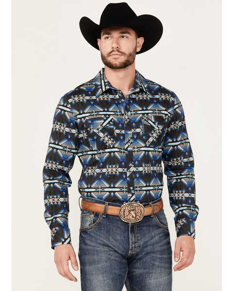 Rock & Roll Denim Men's Southwestern Print Stretch Long Sleeve Pearl Snap Western Shirt, Blue, hi-res