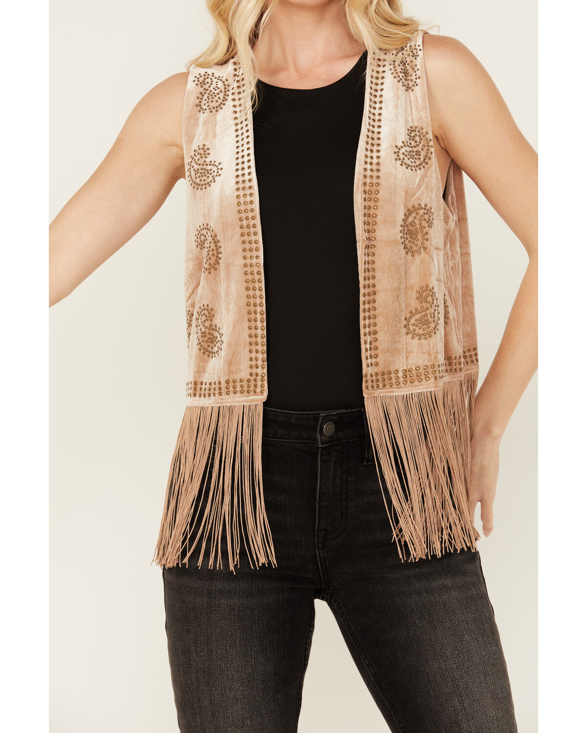 Image #2 - Vocal Women's Studded Faux Suede Fringe Vest, Tan, hi-res