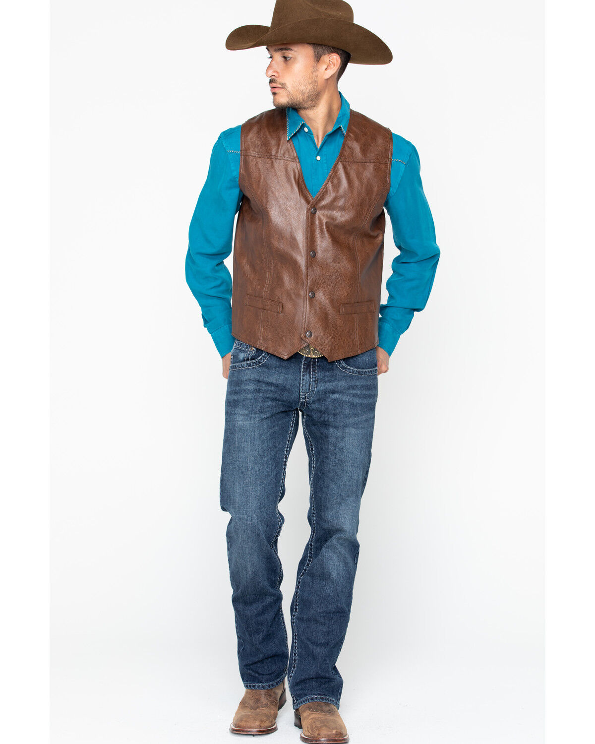 Image #10 - Cripple Creek Men's Whiskey Brown Faux Leather Vest, Med Brown, hi-res