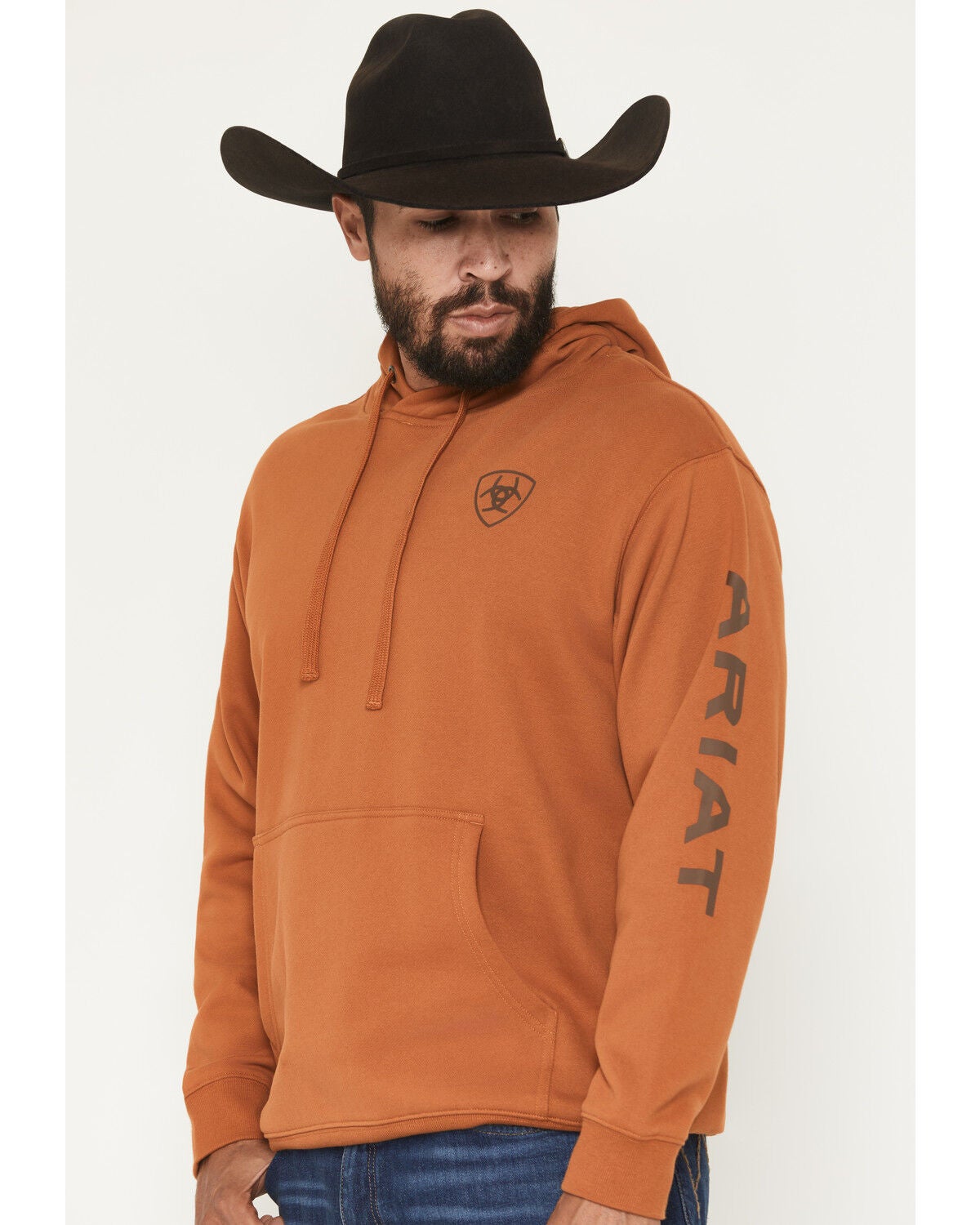Image #1 - Ariat Men's Logo Graphic Hooded Sweatshirt - Tall, Rust Copper, hi-res