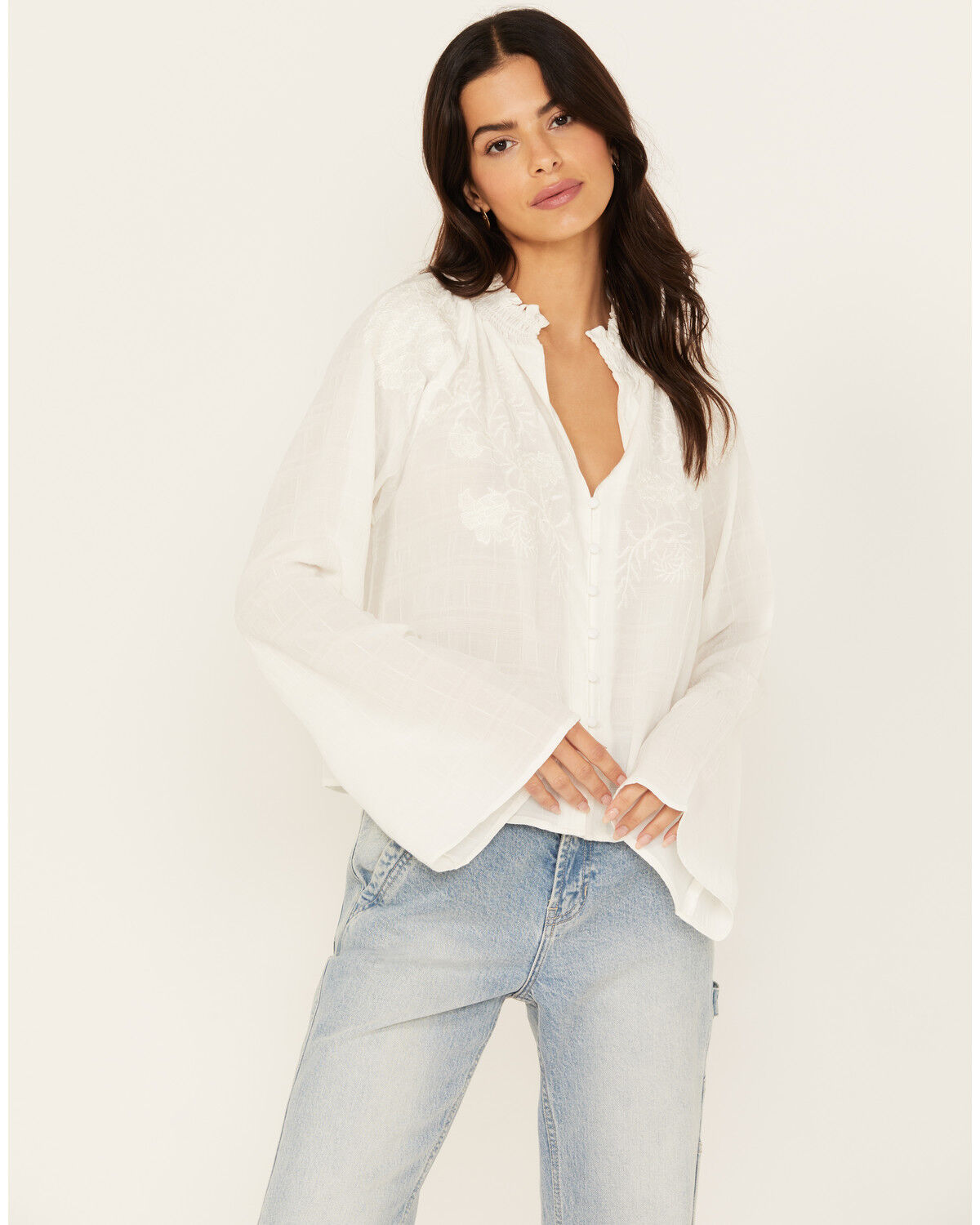 Image #1 - Cleo + Wolf Women's Cropped Button-Down Blouse, Cream, hi-res