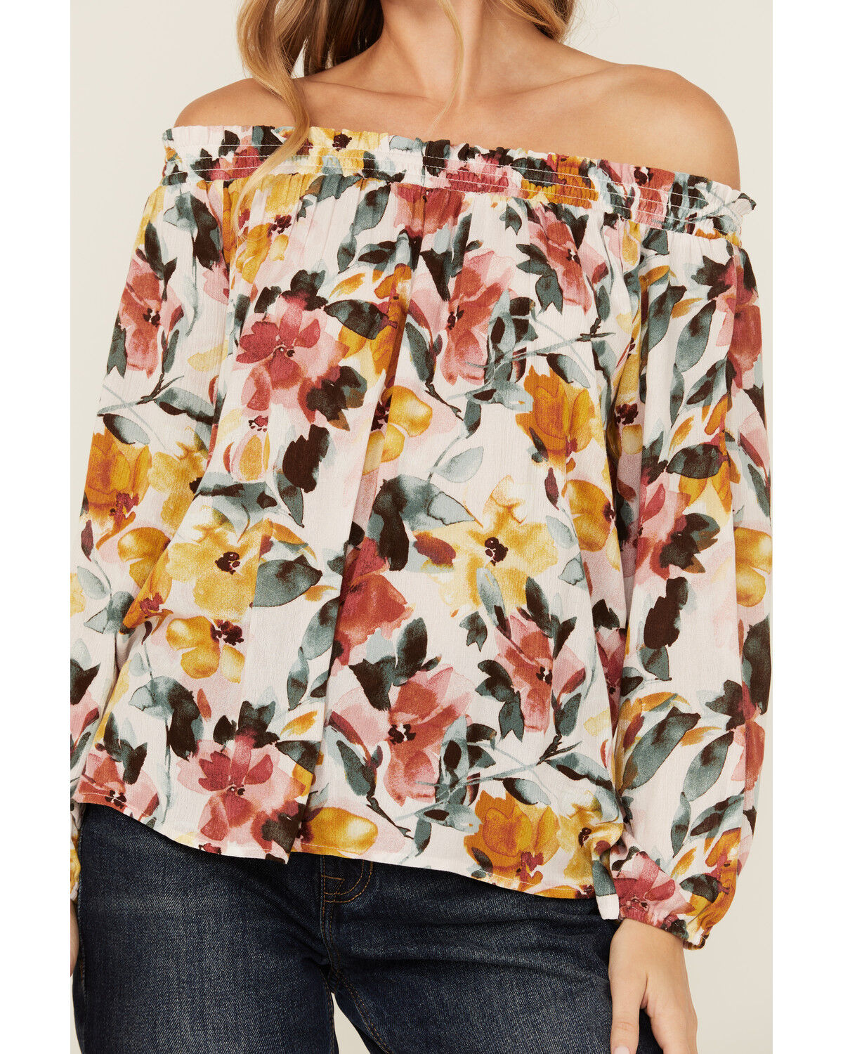 Image #3 - Wild Moss Women's Floral Print Long Sleeve Off The Shoulder Shirt, Multi, hi-res