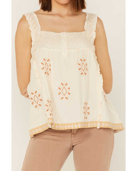 Image #3 - Miss Me Women's Southwestern Embroidered Ruffle Tank Top, Cream, hi-res