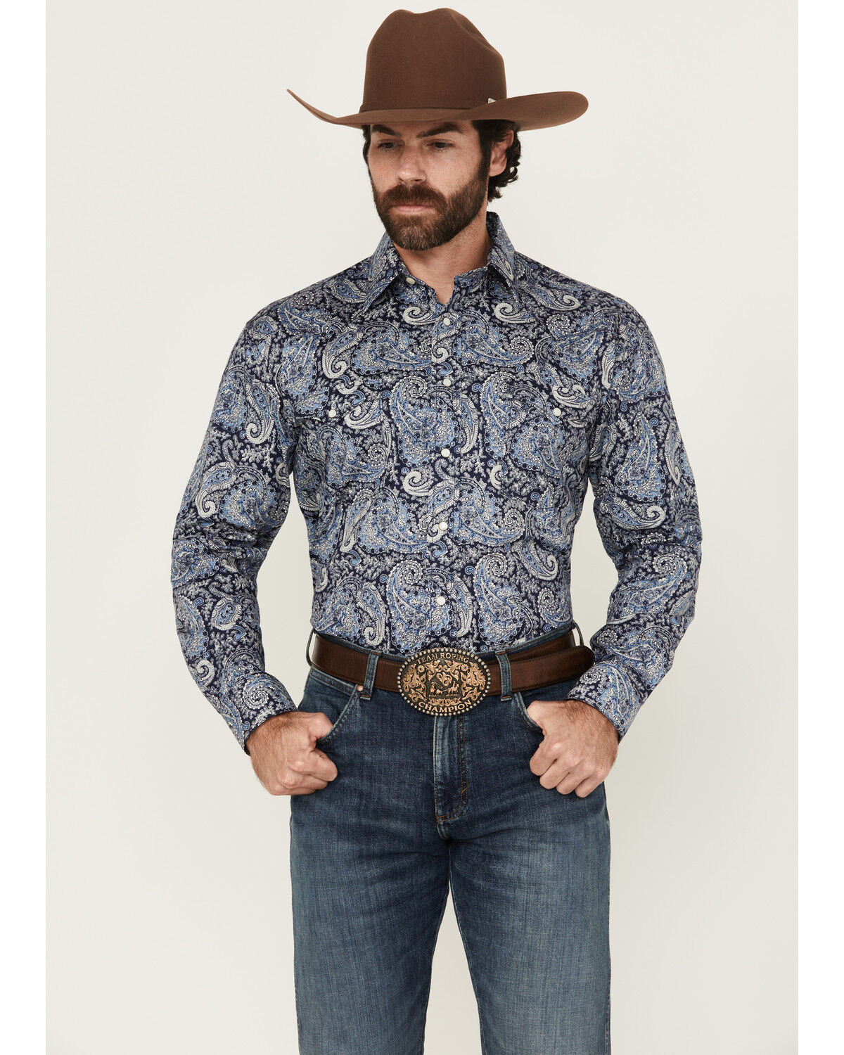 Image #1 - Rough Stock by Panhandle Men's Paisley Print Long Sleeve Pearl Snap Stretch Western Shirt, Navy, hi-res