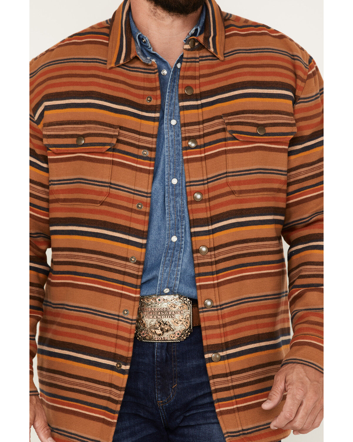 Image #3 - Pendleton Men's Striped Sherpa-Lined Snap Western Shirt Jacket, Brown, hi-res