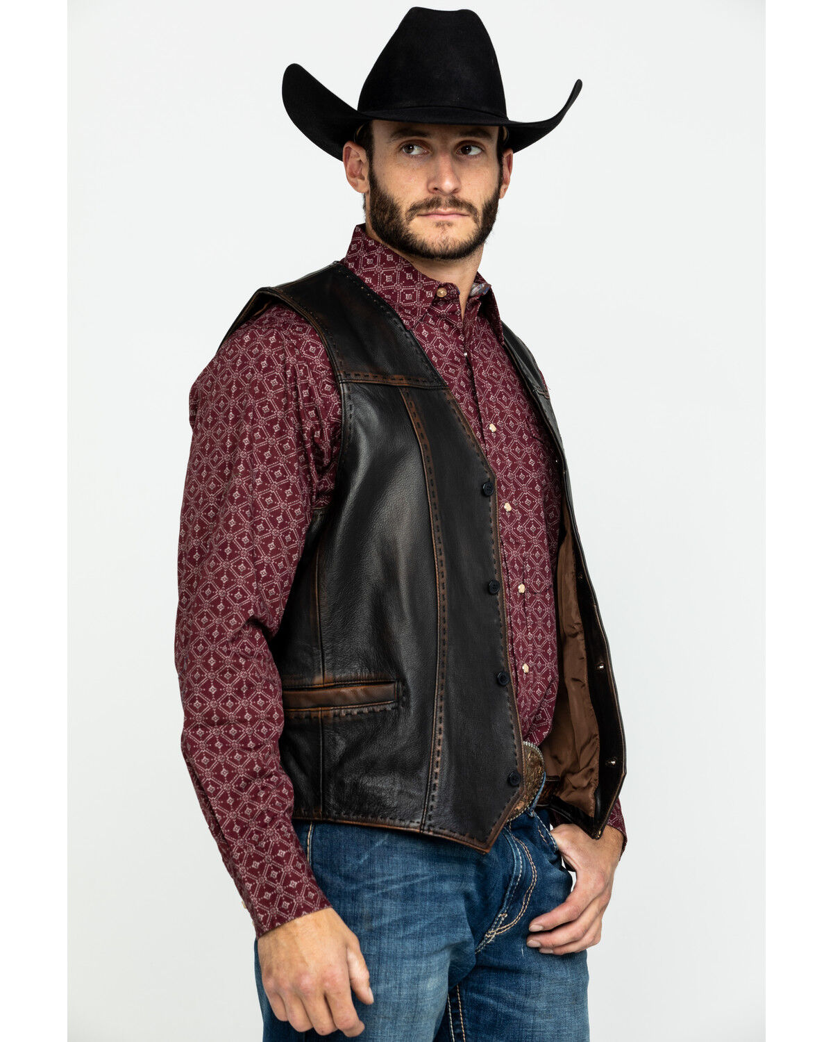 Image #3 - Scully Leatherwear Men's Leather Buck Stitch Vest, Brown, hi-res