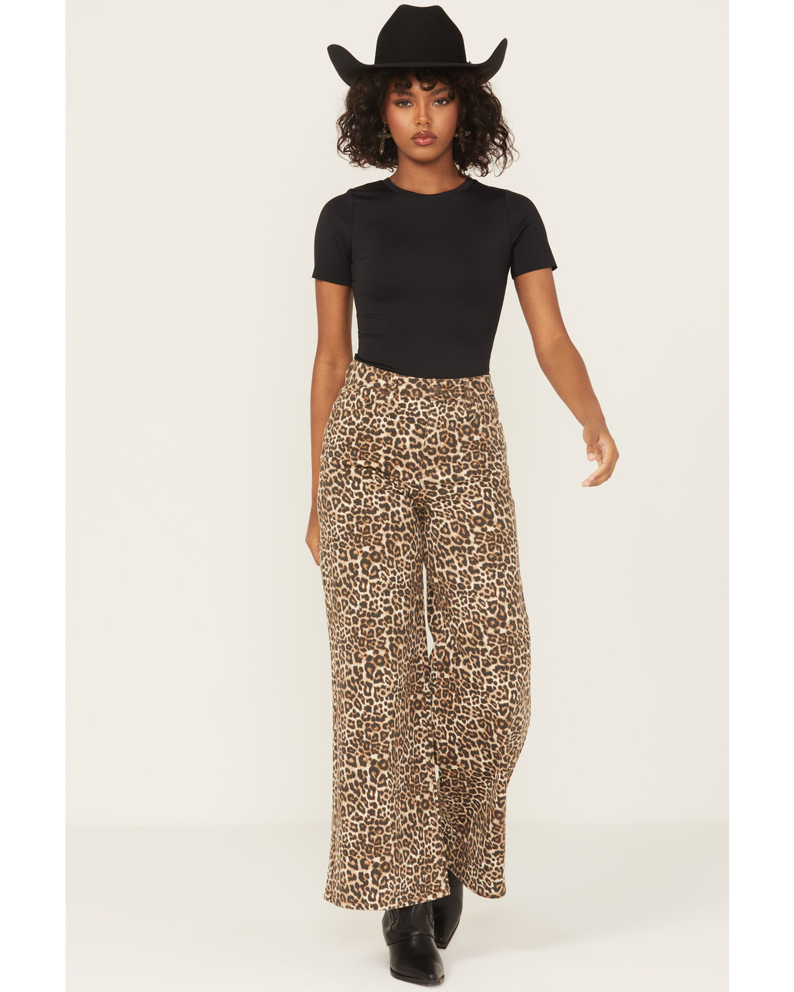 Product Name: Cello Women's Leopard Print High Rise Wide Leg Jeans