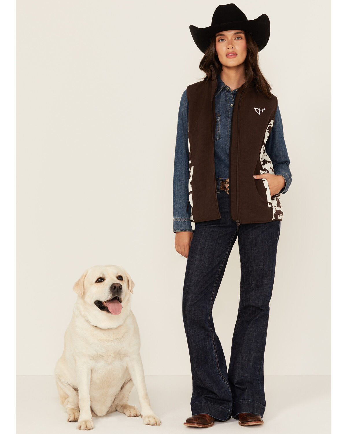 Image #1 - Cowgirl Hardware Women's Cow Print Softshell Vest, Brown, hi-res