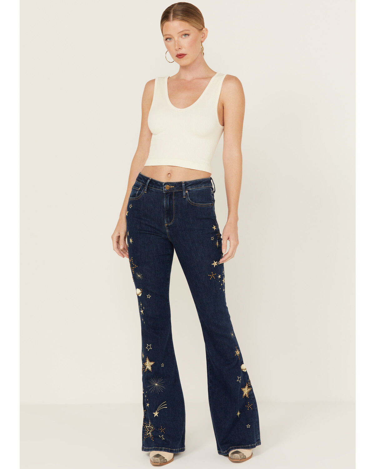 Image #1 - Driftwood Women's Shooting Star Dark Wash High Rise Flare Jeans, Dark Wash, hi-res