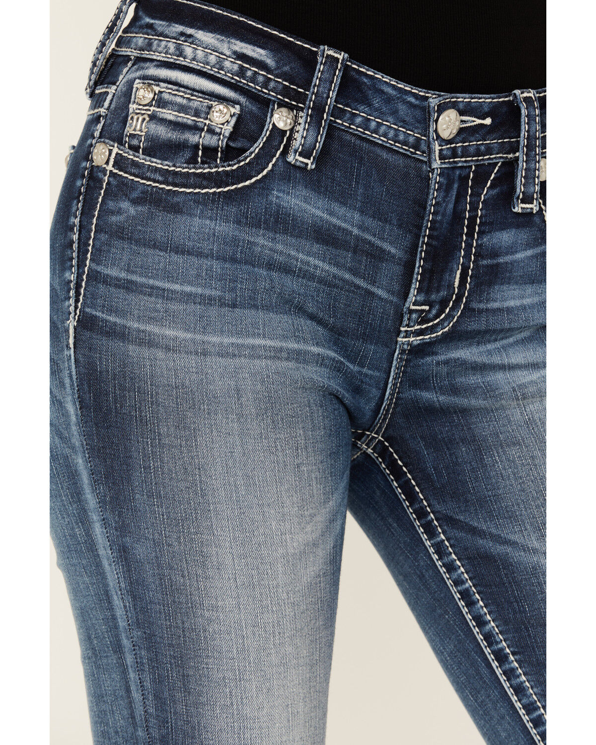 Image #4 - Miss Me Women's Dark Wash Mid Rise Fleur de Lis Bootcut Stretch Denim Jeans, Dark Wash, hi-res