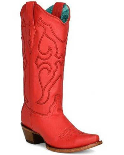 Corral Women's Matching Stitch Pattern & Inlay Western Boots - Snip Toe, Red, hi-res