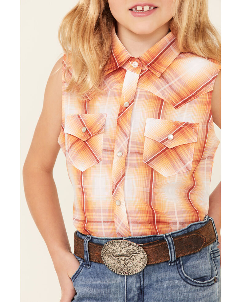Ely Walker Girls' Orange Plaid Sleeveless Snap Western Shirt , Orange, hi-res