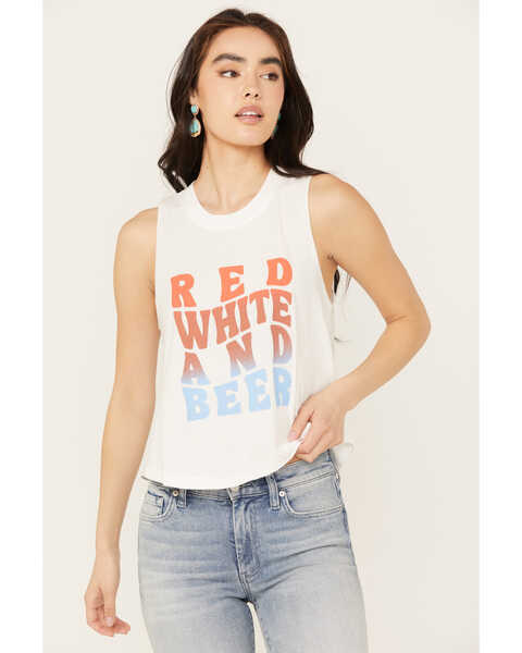Image #1 - White Crow Women's Red, White and Beer Graphic Tank , White, hi-res