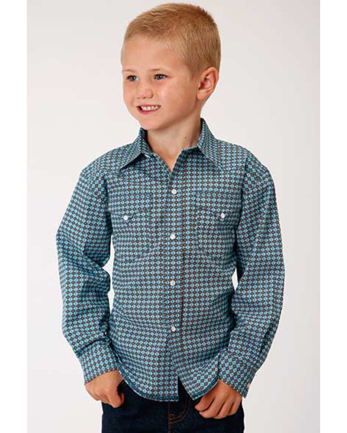 Image #1 - West Made Boys' Central Geo Print Long Sleeve Western Shirt, Turquoise, hi-res