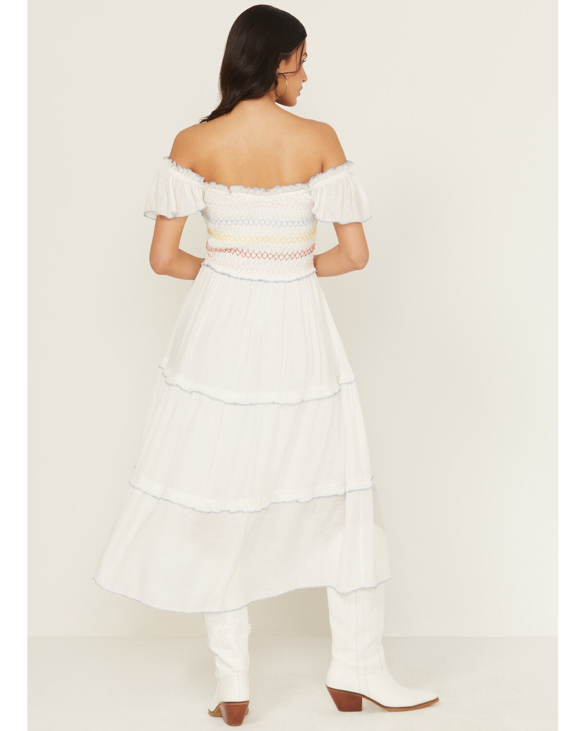 Image #4 - Wild Moss Women's Smocked Ruffle Sleeve Midi Dress, White, hi-res