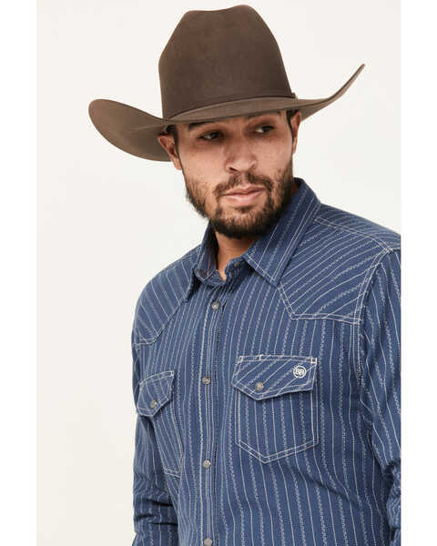 Image #2 - Blue Ranchwear Men's Vintage Striped Long Sleeve Snap Western Shirt, Navy, hi-res