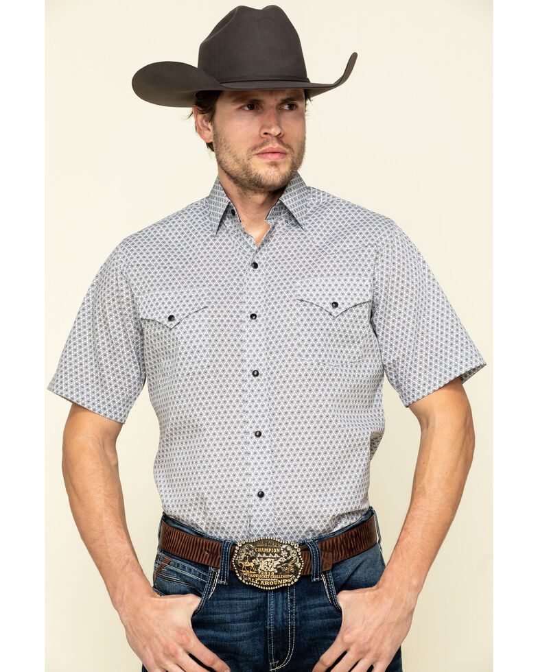 Ely Walker Men's Multi Geo Print Short Sleeve Western Shirt , White, hi-res
