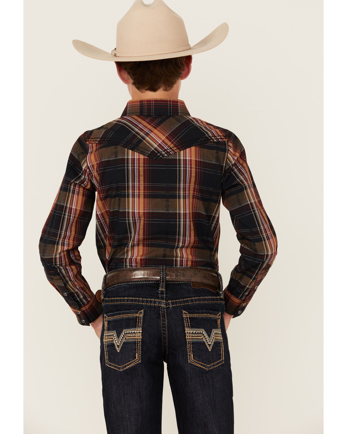 Image #4 - Cody James Boys' Trouble Dobby Plaid Print Long Sleeve Snap Western Shirt, Navy, hi-res