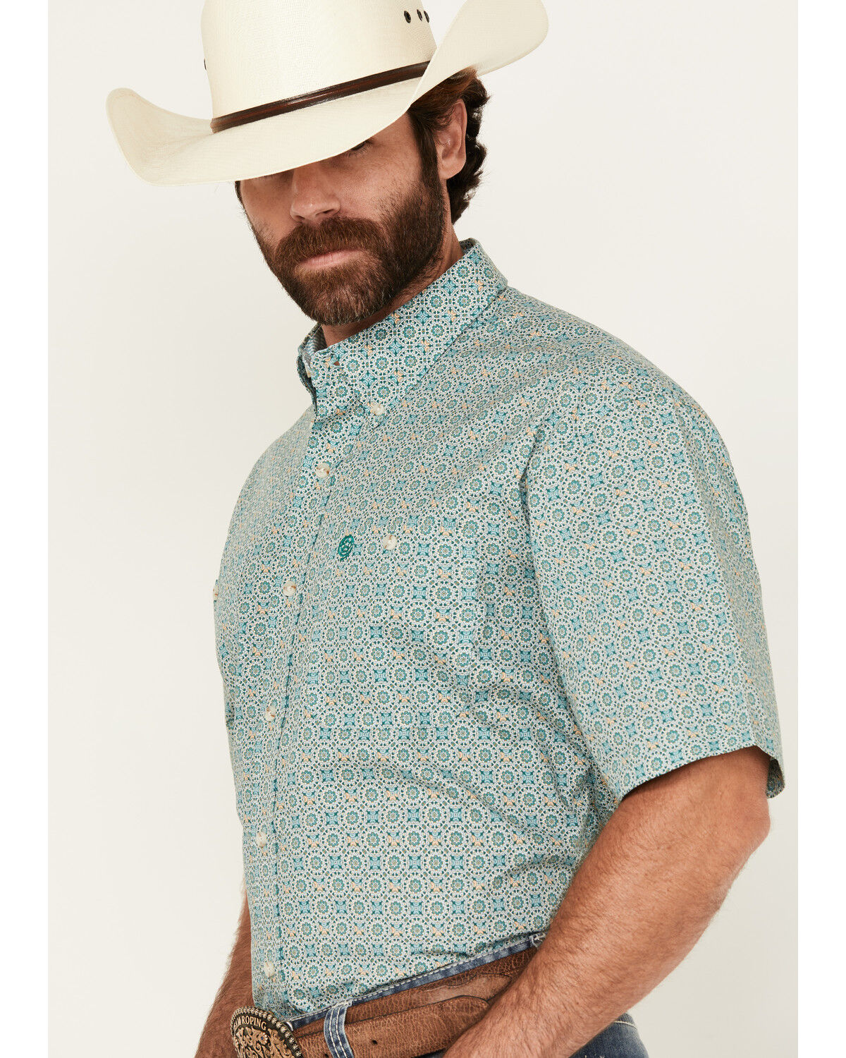 Image #2 - George Strait by Wrangler Men's Geo Print Short Sleeve Button-Down Stretch Western Shirt - Big, Turquoise, hi-res