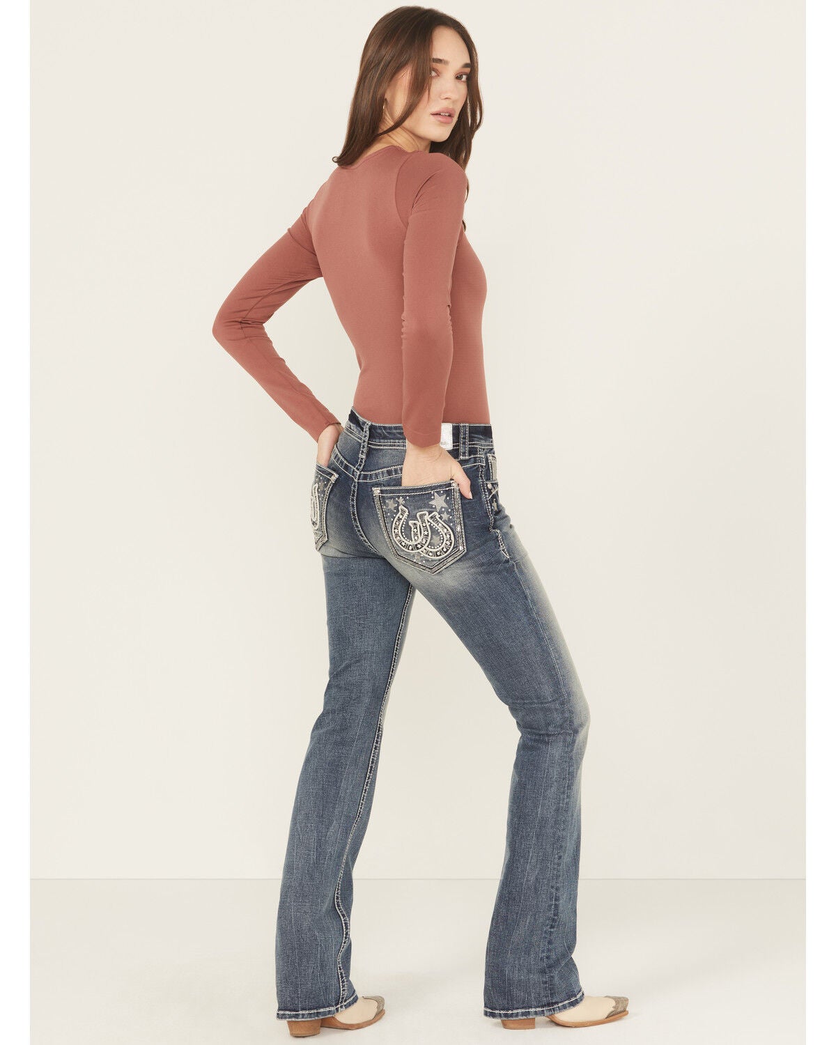 Grace In LA Women's Medium Wash Mid Rise Star Horseshoe Bootcut Stretch Denim Jeans, Medium Wash, hi-res