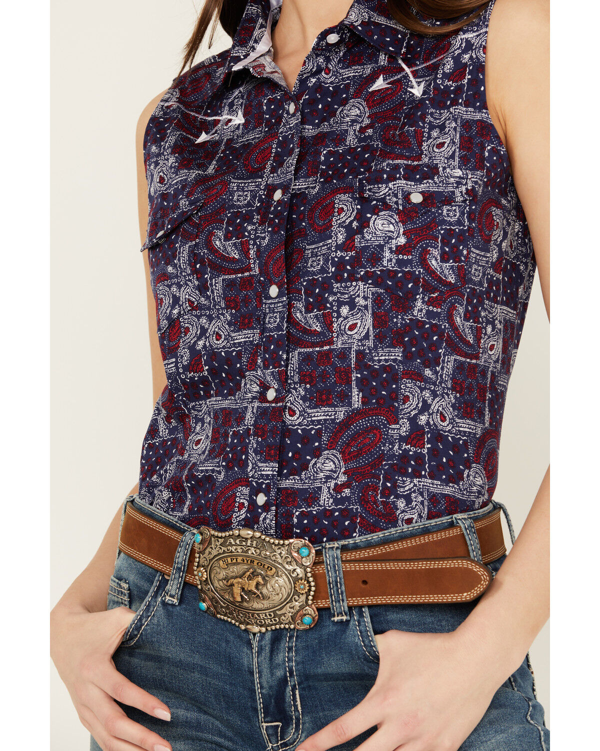 Image #2 - Rough Stock by Panhandle Women's Distressed Handkerchief Sleeveless Pearl Snap Shirt, Navy, hi-res