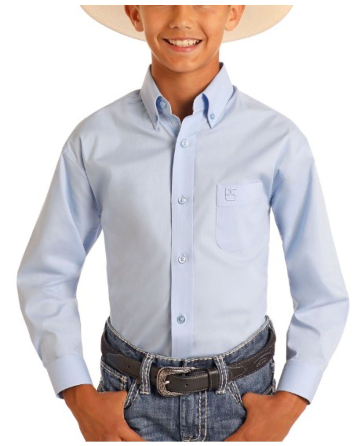 Image #1 - Panhandle Slim Boys' Solid Long Sleeve Button-Down Stretch Western Shirt, Blue, hi-res