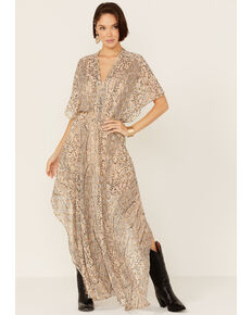 En Creme Women's Beige Foil Chiffon Maxi Dress, Beige/khaki, hi-res